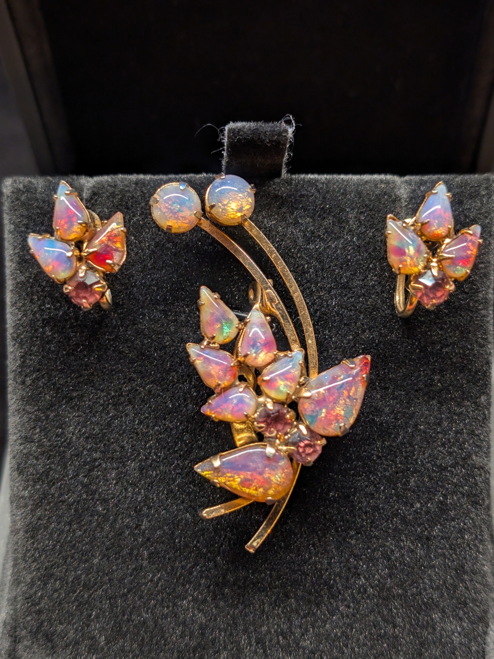 Vintage Gold-Tone Faux Opal Floral Brooch and Earring Set